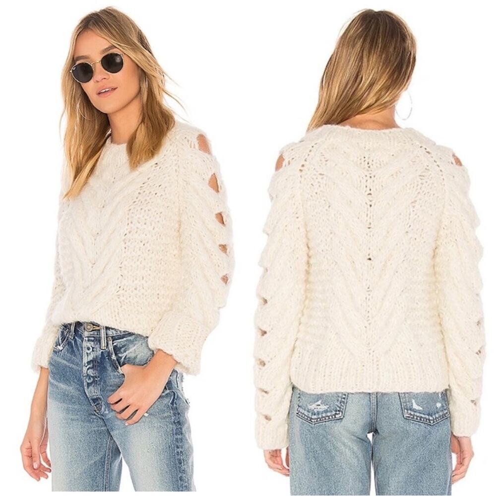 AYNI | Revolve Jaqaru Hand Knitted Knit Alpaca Cut Out Crewneck Sweater Cream XS